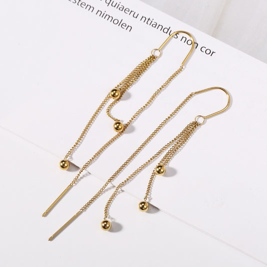 Long Gold Earrings with Chain Pendants and Beads