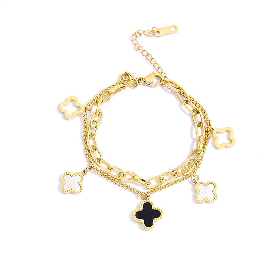 Double-Layer Gold Bracelet with Clover Pendants