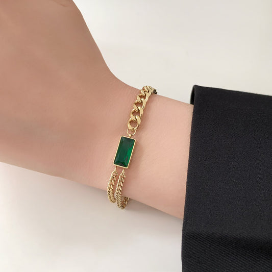 Gold Bracelet with Double Chain and Emerald Stone