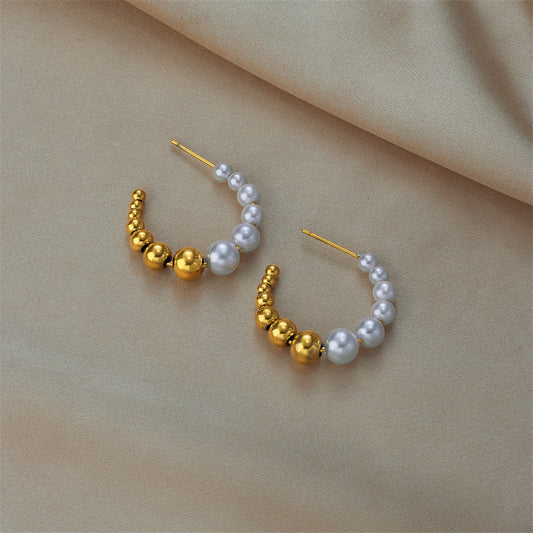 Gold Hoop Earrings with Pearls and Metallic Beads