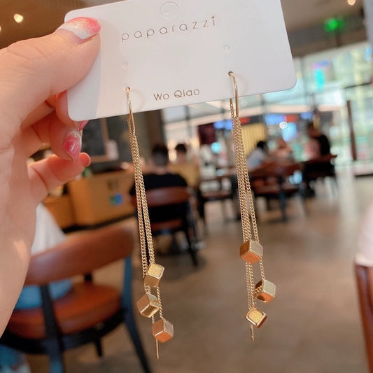 Long Gold Earrings with Cube Pendants