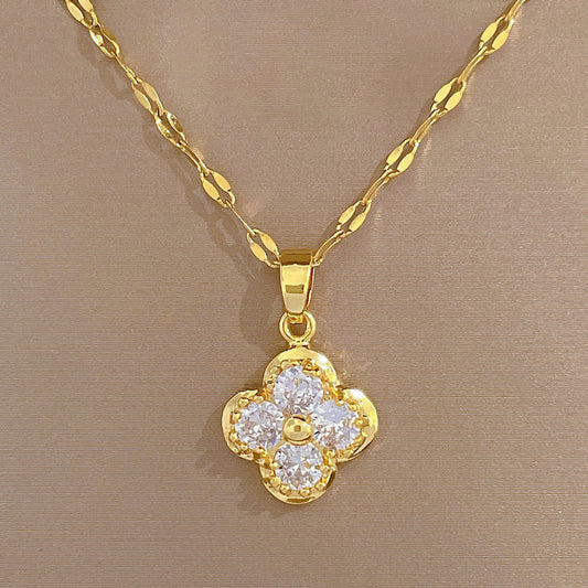 Gold Clover Necklace with Crystal Inlay