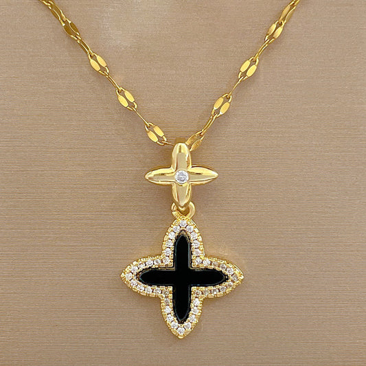 Gold Necklace with Double Cross Pendant and Black Enamel