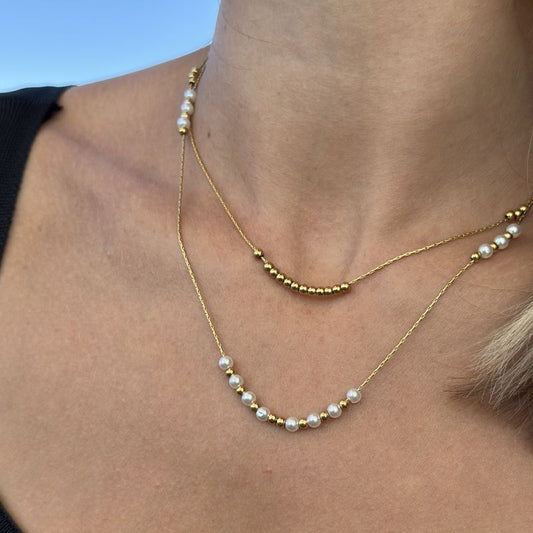 Double-Layer Gold Necklace with Pearls and Beads