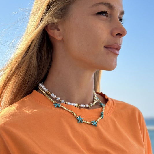 Double-Layer Marine-Inspired Necklace with Pearls and Turquoise Starfish